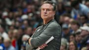 Nov 19, 2024; Lawrence, Kansas, USA; Kansas Jayhawks head coach Bill Self reacts during the second half against the North Carolina-Wilmington Seahawks at Allen Fieldhouse. Mandatory Credit: Jay Biggerstaff-Imagn Images