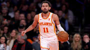 Dec 11, 2024; New York, New York, USA; Atlanta Hawks guard Trae Young (11) brings the ball up court against the New York Knicks during the second quarter at Madison Square Garden. Mandatory Credit: Brad Penner-Imagn Images