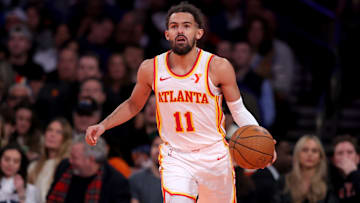 Dec 11, 2024; New York, New York, USA; Atlanta Hawks guard Trae Young (11) brings the ball up court against the New York Knicks during the second quarter at Madison Square Garden. Mandatory Credit: Brad Penner-Imagn Images