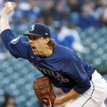 Seattle Mariners starting pitcher Logan Gilbert throws during a game against the Tampa Bay Rays on Aug. 27 at T-Mobile Park.