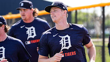 Detroit Tigers prospect Troy Melton practices during spring training at TigerTown in Lakeland on Friday, Feb. 20, 2025.