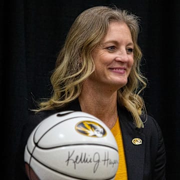 March 31, 2025; Columbia, Missouri, USA; Missouri Tigers women's basketball head coach Kellie Harper at her introductory press conference in the Mizzou Arena Practice Gym.