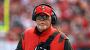 Jan 16, 2022; Tampa, Florida, USA; Tampa Bay Buccaneers head coach Bruce Arians against the Philadelphia Eagles during the first half in a NFC Wild Card playoff football game at Raymond James Stadium. Mandatory Credit: Kim Klement-Imagn Images