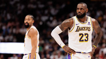 Apr 20, 2024; Denver, Colorado, USA; Los Angeles Lakers forward LeBron James (23) looks on during the third quarter against the Denver Nuggets in game one of the first round for the 2024 NBA playoffs at Ball Arena. Mandatory Credit: Andrew Wevers-USA TODAY Sports