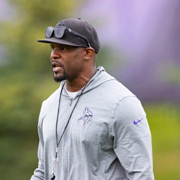 Vikings defensive coordinator Brian Flores at an offseason practice.