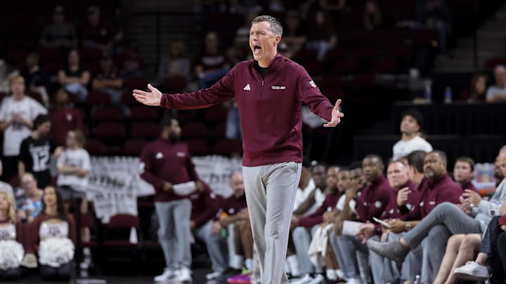 Nov 25, 2025; College Station, Texas, USA; Texas A&M Aggies head coach Bucky McMillan reacts during the first half against the Mississippi Valley State Delta Devils at Reed Arena. Mandatory Credit: Maria Lysaker-Imagn Images 