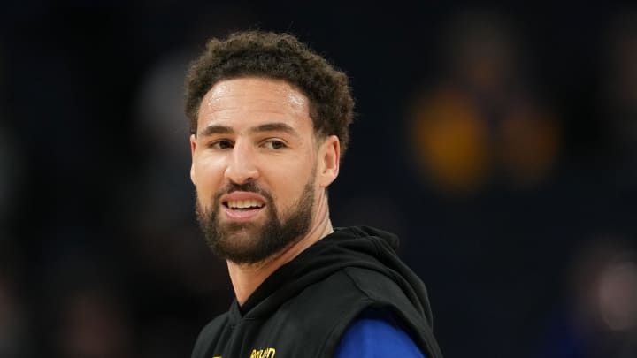 Feb 23, 2024; San Francisco, California, USA; Golden State Warriors guard Klay Thompson (11) before the game against the Charlotte Hornets at Chase Center. Mandatory Credit: Darren Yamashita-USA TODAY Sports