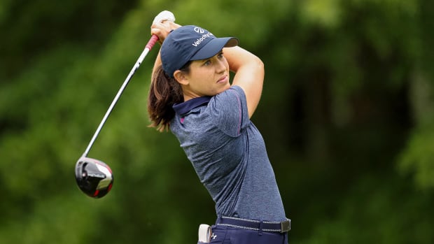 Albane Valenzuela plays her shot from the 11th tee during the first round of the KPMG Women's PGA Championship