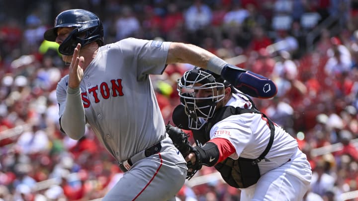 May 19, 2024; St. Louis, Missouri, USA; St. Louis Cardinals catcher Pedro Pages (43) tags out Boston Red Sox shortstop Romy Gonzalez (23) during the fourth inning at Busch Stadium. Mandatory Credit: Jeff Curry-USA TODAY Sports May 19, 2024; St. Louis, Missouri, USA; St. Louis Cardinals catcher Pedro Pages (43) tags out Boston Red Sox shortstop Romy Gonzalez (23) during the fourth inning at Busch Stadium. Mandatory Credit: Jeff Curry-USA TODAY Sports