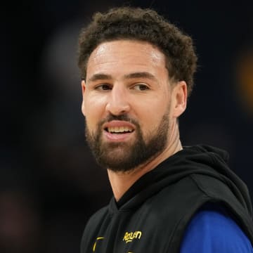 Golden State Warriors guard Klay Thompson (11) before the game against the Charlotte Hornets at Chase Center. Mandatory Credit: