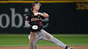 Sep 23, 2025; Arlington, Texas, USA; Minnesota Twins second baseman Luke Keaschall (15) keeps a foot on the base after stealing second during the second inning against the Texas Rangers at Globe Life Field.