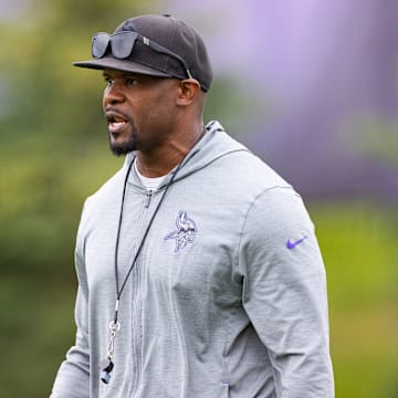 Vikings defensive coordinator Brian Flores at an offseason practice.