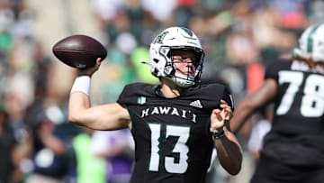 Aug 31, 2024; Honolulu, Hawaii, USA; Hawaii Rainbow Warriors quarterback Brayden Schager (13) makes a pass against the UCLA Bruins during the second quarter of an NCAA college football game at the Clarence T.C. Ching Athletics Complex. Mandatory Credit: Marco Garcia-Imagn Images
