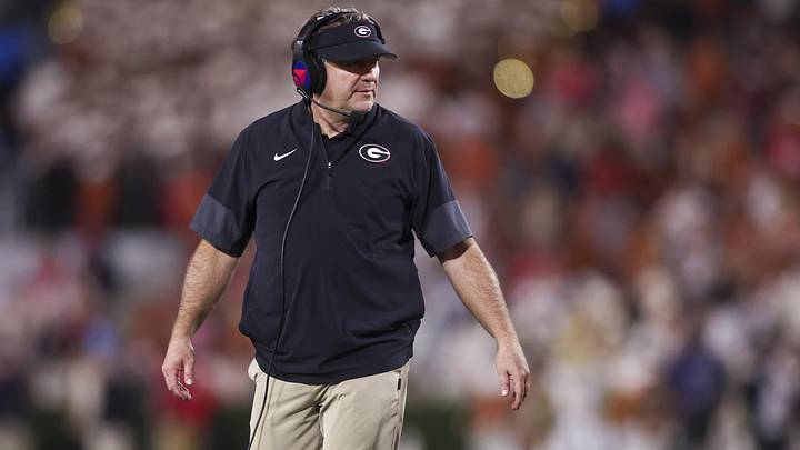 Nov 15, 2025; Athens, Georgia, USA; Georgia Bulldogs head coach Kirby Smart looks on in the second half against the Texas Longhorns  at Sanford Stadium. Mandatory Credit: Brett Davis-Imagn Images
