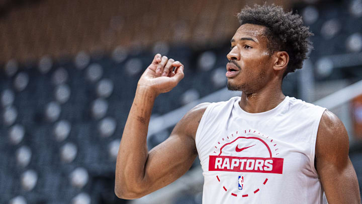 Oct 17, 2025; Toronto, Ontario, CAN; Toronto Raptors guard Ochai Agbaji (30) warms up before playing the Brooklyn Nets at Scotiabank Arena. Mandatory Credit: Kevin Sousa-Imagn Images