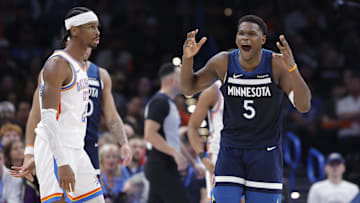 Feb 24, 2025; Oklahoma City, Oklahoma, USA; Minnesota Timberwolves guard Anthony Edwards (5) reacts after a foul is called against him during the second half against the Oklahoma City Thunder at Paycom Center. Mandatory Credit: Alonzo Adams-Imagn Images