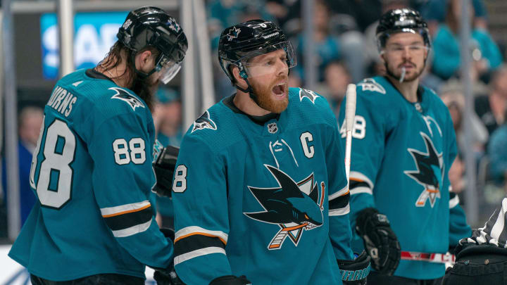 May 13, 2019; San Jose, CA, USA; San Jose Sharks center Joe Pavelski (8) reacts to the call during the second period against the St. Louis Blues in game two of the Western Conference Final of the 2019 Stanley Cup Playoffs at SAP Center at San Jose. Mandatory Credit: Neville E. Guard-USA TODAY Sports