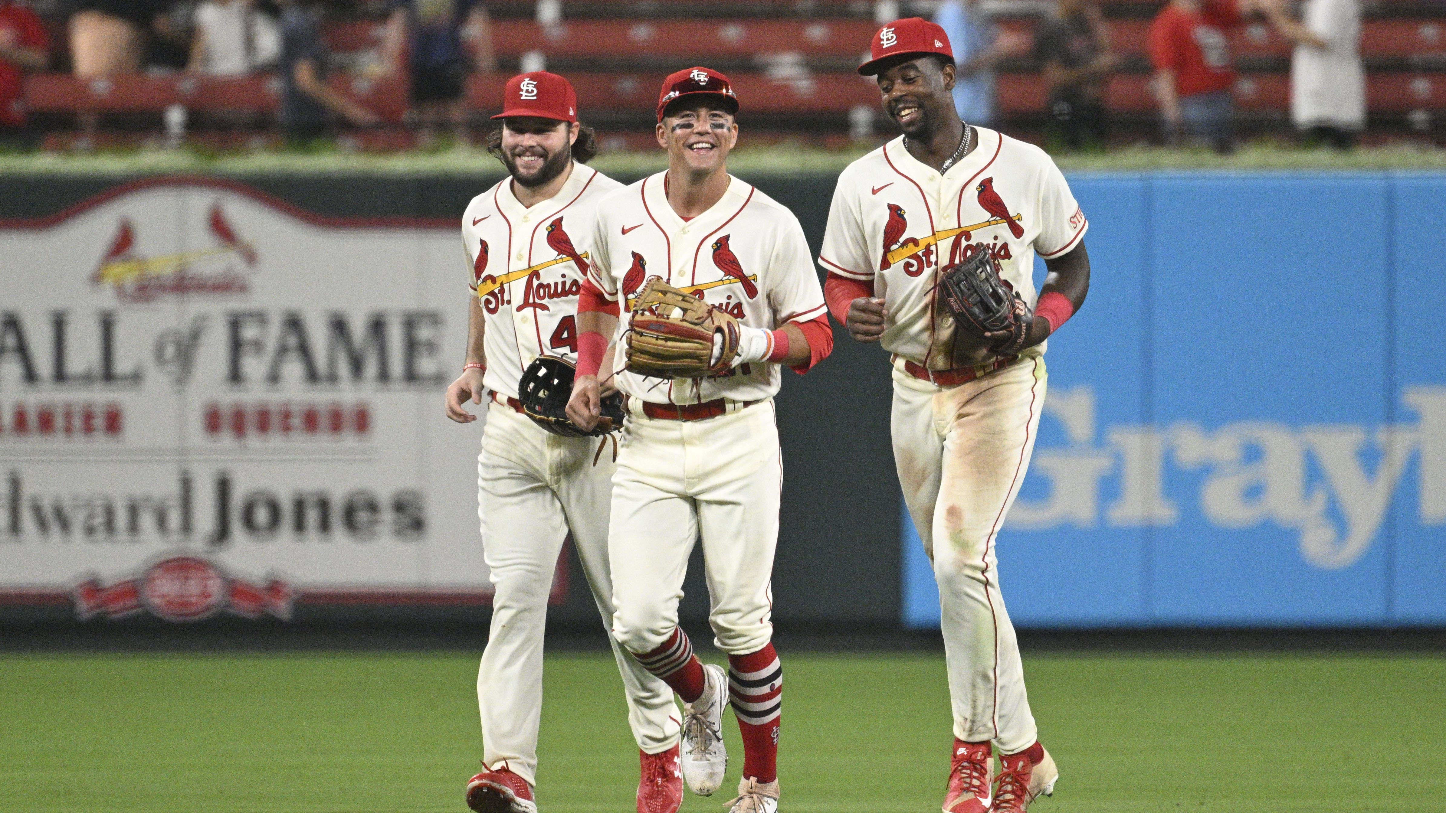 St. Louis Cardinals outfielders Alec Burleson, Lars Nootbaar and Jordan Walker