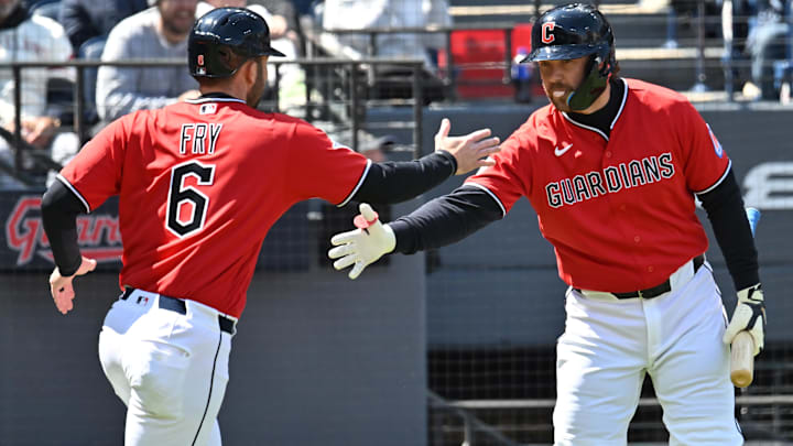Apr 8, 2026: Cleveland Guardians designated hitter David Fry (6) celebrates with first baseman Rhys Hoskins (8) after scoring during the first inning against the Kansas City Royals at Progressive Field. 