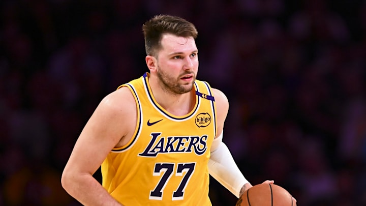 Los Angeles Lakers guard Luka Doncic dribbles the ball. Los Angeles Lakers guard Luka Doncic dribbles the ball.
