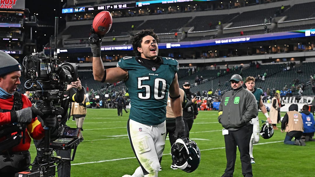 Philadelphia Eagles linebacker Jaelan Phillips (50) runs off the field after win