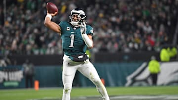 Dec 15, 2024; Philadelphia, Pennsylvania, USA; Philadelphia Eagles quarterback Jalen Hurts (1) throws a pass against the Pittsburgh Steelers during the third quarter at Lincoln Financial Field. Mandatory Credit: Eric Hartline-Imagn Images