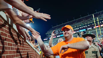 Tennessee coach Josh Heupel celebrates after a college football game between the University of Oklahoma Sooners (OU) and the Tennessee Volunteers at Gaylord Family - Oklahoma Memorial Stadium in Norman, Okla., Saturday, Sept. 21, 2024.
