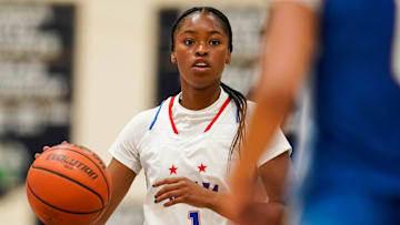 Indiana All-Star Laila Hull (1) rushes up the court Wednesday, June 7, 2023, during the Indiana All-Stars vs. Juniors girls game at Cathedral High School in Indianapolis.