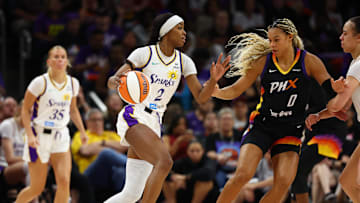 Sep 9, 2025; Phoenix, Arizona, USA; Los Angeles Sparks forward Rickea Jackson (2) against Phoenix Mercury forward Satou Sabally (0) during a WNBA game at PHX Arena. Mandatory Credit: Mark J. Rebilas-Imagn Images