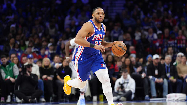 Feb 5, 2025; Philadelphia, Pennsylvania, USA; Philadelphia 76ers guard Eric Gordon (23) controls the ball against the Miami Heat in the fourth quarter at Wells Fargo Center. Mandatory Credit: Kyle Ross-Imagn Images Feb 5, 2025; Philadelphia, Pennsylvania, USA; Philadelphia 76ers guard Eric Gordon (23) controls the ball against the Miami Heat in the fourth quarter at Wells Fargo Center. Mandatory Credit: Kyle Ross-Imagn Images