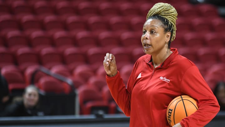 Texas Tech women's basketball associate coach Plenette Pierson gives instructions during the first practice of the season Monday, Sept. 23, 2024, at United Supermarkets Arena.
