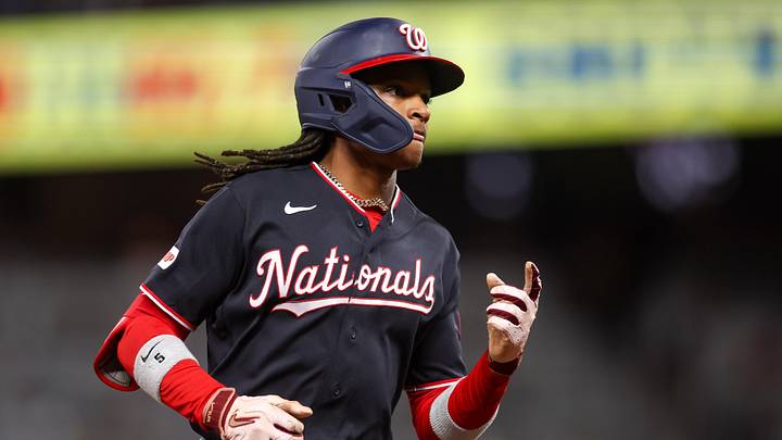 May 22, 2026; Atlanta, Georgia, USA; Washington Nationals shortstop CJ Abrams (5) celebrates after a home run against the Atlanta Braves in the eighth inning at Truist Park. Mandatory Credit: Brett Davis-Imagn Images