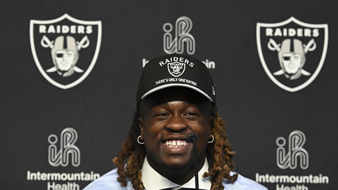 Apr 25, 2025; Henderson, NV, USA; Las Vegas Raiders first round draft pick in the 2025 NFL Draft Ashton Jeanty, speaks to the media at Intermountain Health Performance Center. Mandatory Credit: Candice Ward-Imagn Images