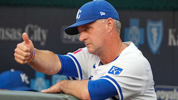 Kansas City Royals manager Matt Quatraro (33) gives a thumbs up to a player against the Arizona Diamondbacks prior to a game at Kauffman Stadium.