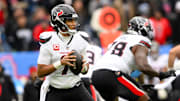 Jan 5, 2025; Nashville, Tennessee, USA;  Houston Texans quarterback C.J. Stroud (7) stands in the pocket against the Tennessee Titans during the first half at Nissan Stadium. Mandatory Credit: Steve Roberts-Imagn Images