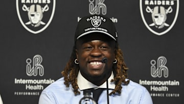 Apr 25, 2025; Henderson, NV, USA; Las Vegas Raiders first round draft pick in the 2025 NFL Draft Ashton Jeanty, speaks to the media at Intermountain Health Performance Center. Mandatory Credit: Candice Ward-Imagn Images