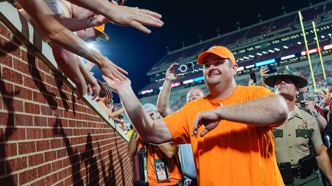 Tennessee coach Josh Heupel celebrates after a college football game between the University of Oklahoma Sooners (OU) and the Tennessee Volunteers at Gaylord Family - Oklahoma Memorial Stadium in Norman, Okla., Saturday, Sept. 21, 2024.