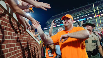 Tennessee coach Josh Heupel celebrates after a college football game between the University of Oklahoma Sooners (OU) and the Tennessee Volunteers at Gaylord Family - Oklahoma Memorial Stadium in Norman, Okla., Saturday, Sept. 21, 2024.