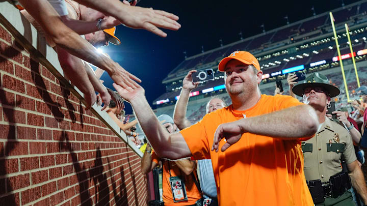 Tennessee coach Josh Heupel celebrates after a college football game between the University of Oklahoma Sooners (OU) and the Tennessee Volunteers at Gaylord Family - Oklahoma Memorial Stadium in Norman, Okla., Saturday, Sept. 21, 2024.