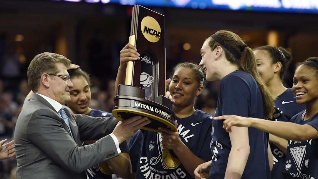Breanna Stewart (right) won four championships with Geno Auriemma (left) at UConn from 2013 to ’16. 