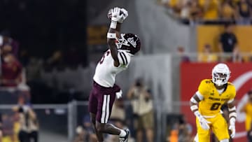 Sep 7, 2024; Tempe, Arizona, USA; Mississippi State Bulldogs wide receiver Jordan Mosley (6) against the Arizona State Sun Devils at Mountain America Stadium. Mandatory Credit: Mark J. Rebilas-Imagn Images