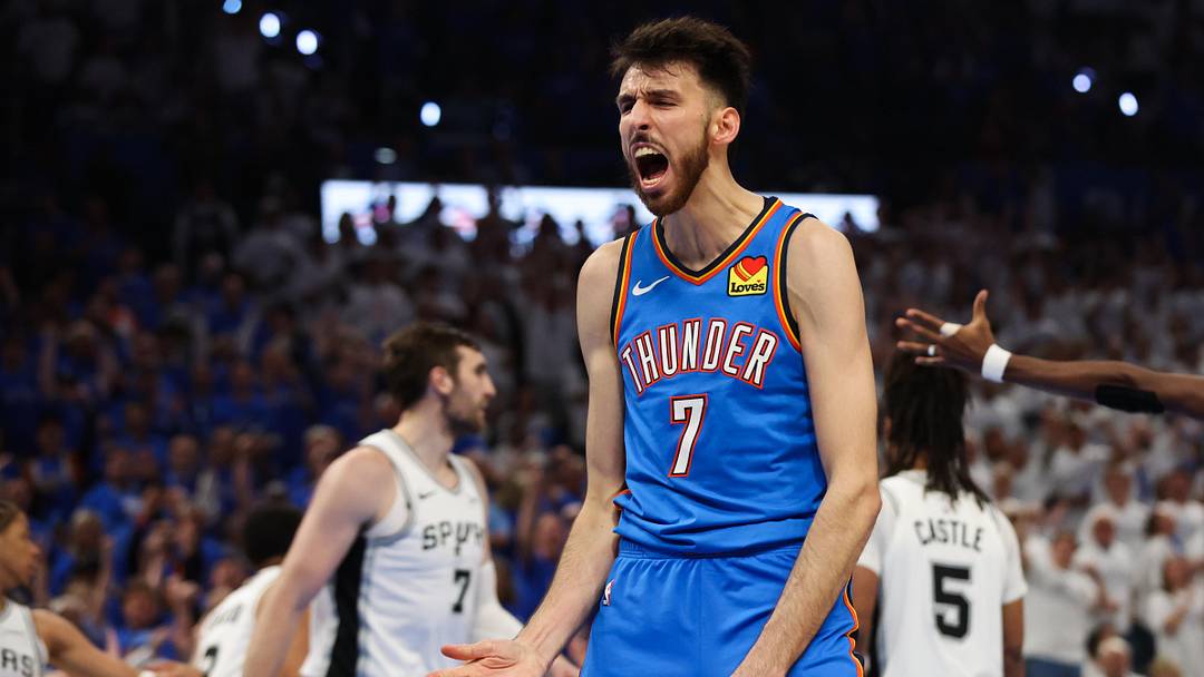 Thunder center Chet Holmgren reacts after a slam dunk against the Spurs. Thunder center Chet Holmgren reacts after a slam dunk against the Spurs.