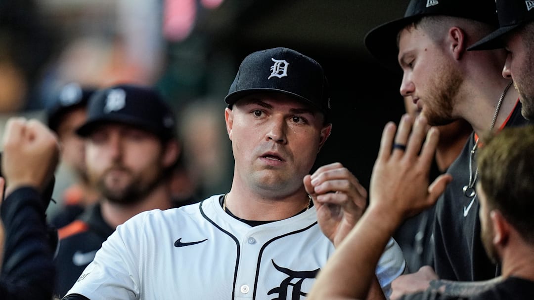 Detroit Tigers pitcher Tarik Skubal high-fives teammates in the dugout after a pitching change during the seventh inning at Comerica Park in Detroit on Wednesday, May 14, 2025.