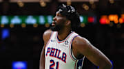 Dec 25, 2024; Boston, Massachusetts, USA; Philadelphia 76ers center Joel Embiid (21) waits during a timeout during the second half against the Boston Celtics at TD Garden. Mandatory Credit: Eric Canha-Imagn Images