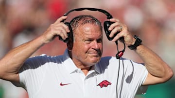 Sep 14, 2024; Fayetteville, Arkansas, USA; Arkansas Razorbacks head coach Sam Pittman during the second quarter against the UAB Blazers at Donald W. Reynolds Razorback Stadium. Mandatory Credit: Nelson Chenault-Imagn Images