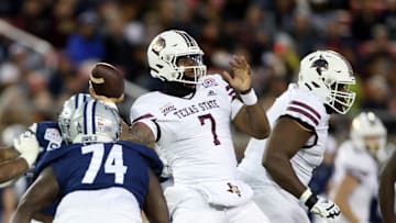 Dec 26, 2023; Dallas, TX, USA; Texas State Bobcats quarterback TJ Finley (7) throws a pass against the Rice Owls in the second quarter at Gerald J Ford Stadium. Mandatory Credit: Tim Heitman-Imagn Images