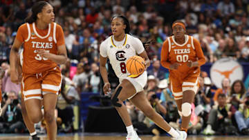 Apr 4, 2025; Tampa, FL, USA;  South Carolina Gamecocks forward Joyce Edwards (8) control the ball against the Texas Longhorns during the third quarter in a semifinal of the women's 2025 NCAA tournament at Amalie Arena. Mandatory Credit: Nathan Ray Seebeck-Imagn Images