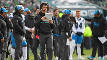 Dec 8, 2024; Philadelphia, Pennsylvania, USA; Carolina Panthers head coach Dave Canales against the Philadelphia Eagles at Lincoln Financial Field.