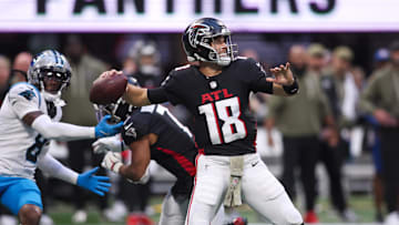 Nov 16, 2025; Atlanta, Georgia, USA; Atlanta Falcons quarterback Kirk Cousins (18) looks to throw the ball in the fourth quarter against the Carolina Panthers at Mercedes-Benz Stadium. Mandatory Credit: Brett Davis-Imagn Images