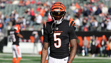Nov 23, 2025; Cincinnati, Ohio, USA; Cincinnati Bengals wide receiver Tee Higgins (5) warms up before a game against the New England Patriots at Paycor Stadium. Mandatory Credit: Joseph Maiorana-Imagn Images